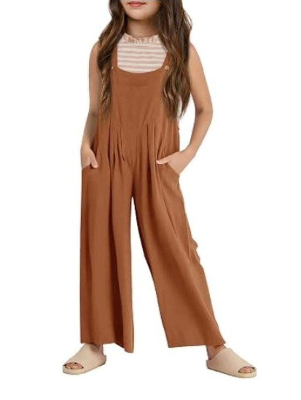 Girls Overalls Kids Casual Sleeveless Wide Leg Jumpsuit Loose Rompers Brown